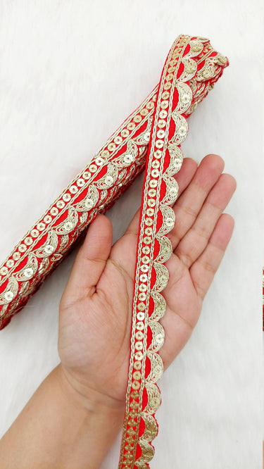 Art Silk Fabric Trim With Gold Embroidery, Scallop Sequins Sari Border, Trim By 3 Yards